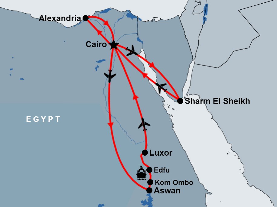 13 Day Cairo, Nile Cruise and Sharm El Sheikh map 13 Day Cairo, Nile Cruise and Sharm El Sheikh map